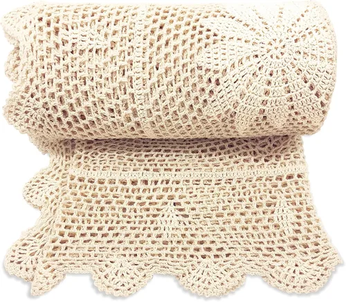 Zenviro Manta bohemia de 50 x 60 pulgadas, 100% hecha a mano, manta de ganchillo 100% algodón, color beige, decorativa, manta de encaje vintage,