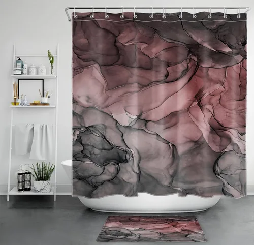 Miniatura 18 de LB Cortina de ducha abstracta de mármol, textura de mármol rosa y negro, cortina de ducha de arte moderno para baño, 60 x 72 pulgadas, tela