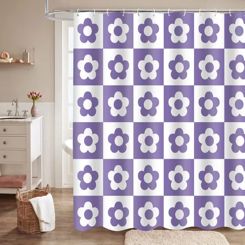 Miniatura 12 de Retro Flower Checkered Shower Curtain Black White Vintage Floral Plaid Fabric Shower Curtians 72x72Inch Washable Groovy Aesthetic Modern Hippie Boho