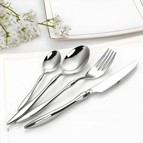 Miniatura 8 de Juego de cubiertos dorados de 16 piezas de acero inoxidable para 4, mango curvado único, elegante, ergonómico, cómodo, pulido de espejo, apto