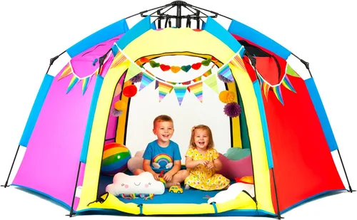 Miniatura 11 de Tienda de campaña hexagonal portátil para niños con tira de luces LED para interiores, casa de juegos para niños, tienda de campaña de ensueño
