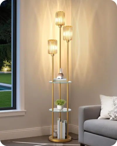 Miniatura 10 de Lámpara de pie de 180 cm con estantes, lámpara de pie moderna con 3 pantallas de lino y interruptor de pie, lámpara de pie de 3 luces, para sala
