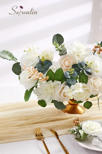 Miniatura 3 de Serwalin 2 Piezas Flores Artificiales Blancas Rosas Falsas Flores de Espuma de Seda Juego de Caja para Manualidades DIY Ramos de Pastel de Boda Un