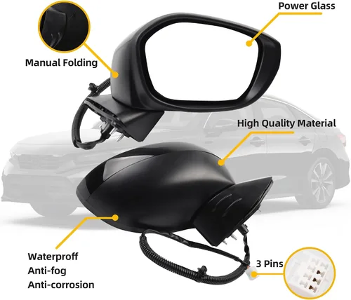 Miniatura 2 de Dasbecan Espejo lateral derecho del pasajero compatible con Honda Civic 2022-2025 con vidrio eléctrico, plegable manual, combina con cristal negro
