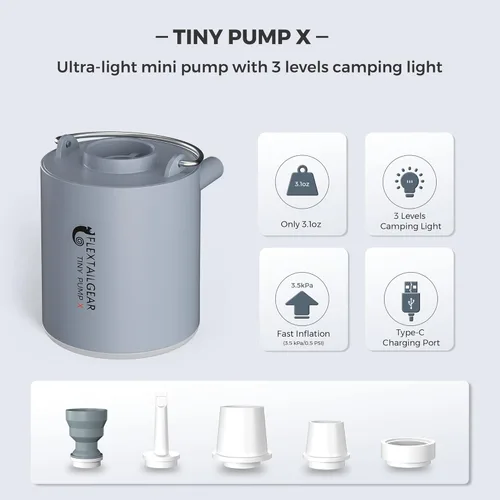 Miniatura 2 de FLEXTAILGEAR Tiny Pump X Bomba de aire portátil + luz de campamento Ultra-Mini bomba de aire con batería de 1300 mAh recargable por USB para Gris