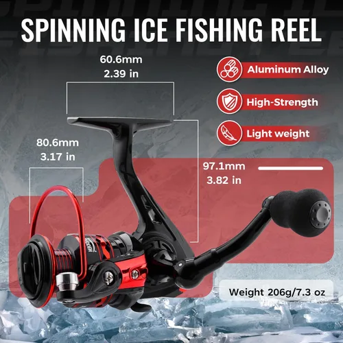 Miniatura 5 de WIDDEN Combo de caña de pescar en hielo y carrete, caña de pescar de hielo mediana de 27 pulgadas, equipo con kit de caja de aparejos, línea, Rojo