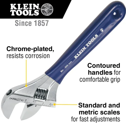 Miniatura 2 de Klein Tools D509-8 Llave ajustable, llave de transmisión forjada de mandíbula extra ancha con acabado cromado pulido, 8 pulgadas