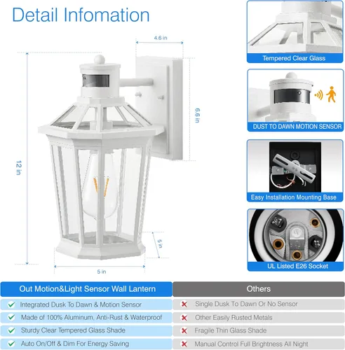 Miniatura 5 de VIANIS Luces exteriores grandes con sensor de movimiento negro, rango de detección ajustable, accesorios de iluminación exterior de aluminio