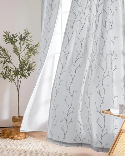 Miniatura 8 de jinchan Cortinas traslúcidas para sala de estar, dormitorio, cortinas azules bohemias bordadas, cortinas de gasa bohemias de 63 pulgadas de largo