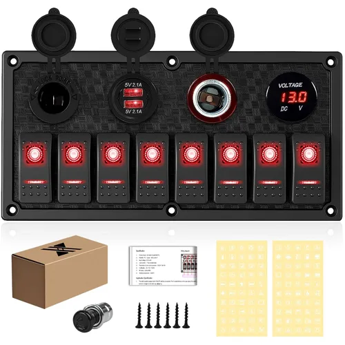 Miniatura 18 de Panel de Interruptores de Palanca Impermeable de 8 Posiciones con Cargador USB Dual y Voltímetro - Protección contra Sobrecarga para RV, Marina