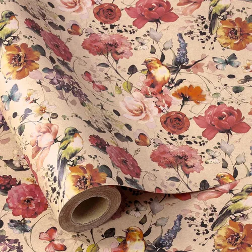 RUSPEPA Papel de regalo de flores florecientes con diseño de pájaro y mariposa, 17 pulgadas x 32.8 pies cada rollo, mini rollo de papel de regalo