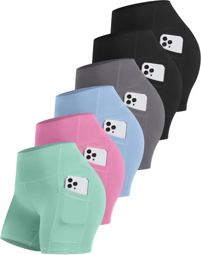 Miniatura 13 de CHRLEISURE - 6 paquetes de pantalones cortos de mujer estilo biker con bolsillo, pantalones cortos de elastano de control de abdomen de 5 pulgadas