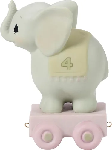 Precious Moments "Que tu cumpleaños sea gigantesco" Figura de elefante de porcelana de bizcocho de 4 años, parte de la serie Tren de cumpleaños,