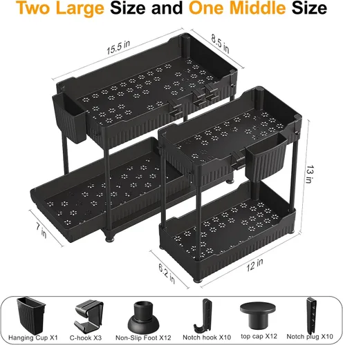 Miniatura 4 de Sevenblue Paquete de 3 organizadores para debajo del fregadero, organizadores multiusos de cocina y baño de 2 niveles y almacenamiento con cajones