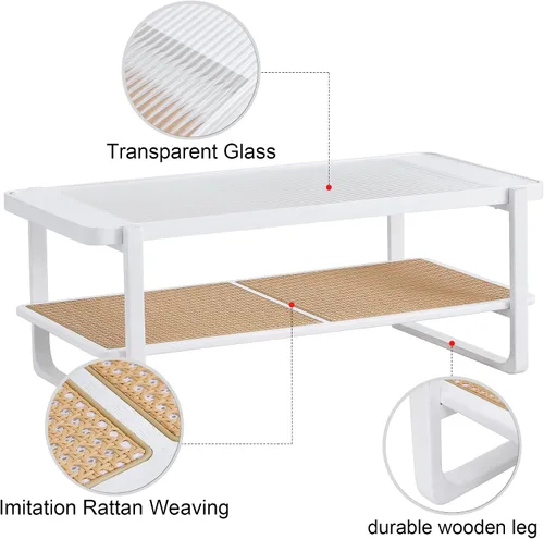 Miniatura 6 de Mesa de centro moderna minimalista blanca de doble capa de madera maciza. Mesa de cristal, mesa con borde de ratán de imitación. Mesa rectangular
