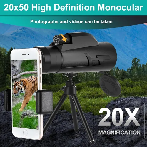 Miniatura 6 de Monocular HD de 20 x 50 para adultos con adaptador de teléfono y trípode, lente objetivo de 1.969 in, óptica multicapa, prisma BaK-4, estuche