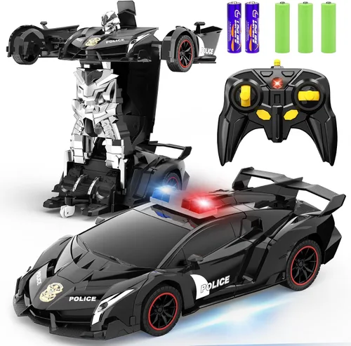 FDJ - Auto a control remoto que se transforma en robot, transformación con un botón a robot con luz intermitente, juguete de policía para niños de