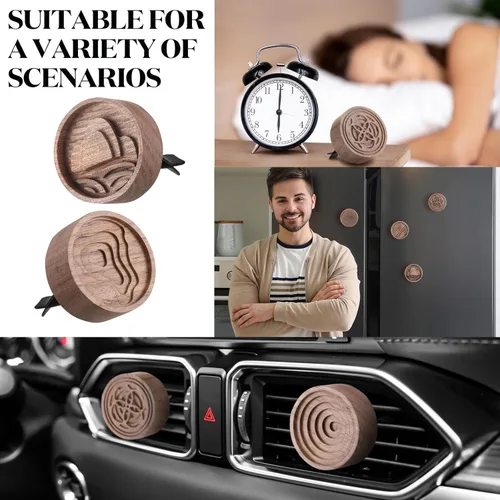 Miniatura 7 de Teenyyou Difusor pasivo de aromaterapia de madera, 4 unidades, con clip de ventilación, ambientador redondo de madera de nogal, regalos de invierno