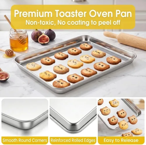 Miniatura 4 de TeamFar Juego de 2 sartenes para horno tostador, de acero inoxidable, 12.5 x 9.5 x 1 pulgadas, no tóxicas y saludables, sin óxido y acabado espejo