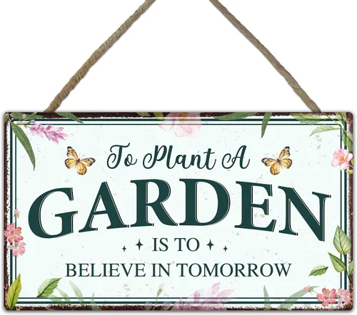 Letrero de jardín con texto en inglés "To Plant a Garden Is to Believe in Tomorrow", colorido colgante de madera para decoración de primavera para