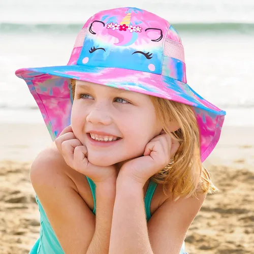 Miniatura 78 de Sombrero de sol para niños, protección UV, unicornio, verano, playa, jugar con ala ancha, solapa para el cuello para niñas y niños