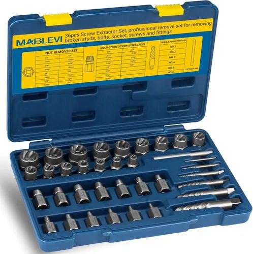 MABLEVI Juego de 36 piezas de extractor de tornillos mejorado, juego de extractor de pernos de salida fácil de múltiples ranuras de 3/8", kit de