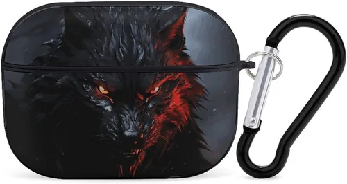 Funda para auriculares con diseño de lobo negro grande con ojos rojos para AirPods Pro de 2ª generación con llavero, funda protectora rígida a