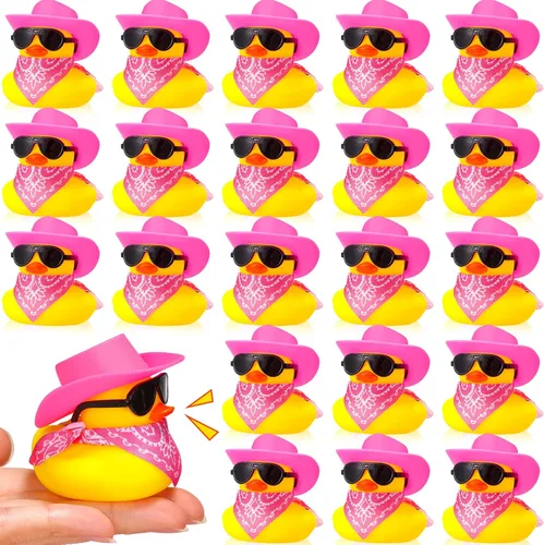 Sosation Juego de 24 mini patos amarillos a granel, patos amarillos, juguete de bañera con sombrero de vaquero, pañuelos de cachemira, gafas de sol