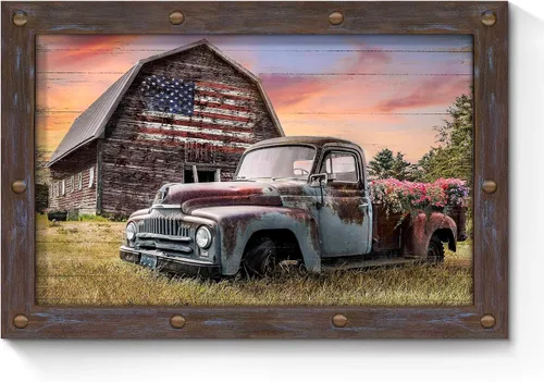Miniatura 12 de SunFlax Arte de Lienzo de Pared de Carro Oxidado: Obra de Arte de Camión Azul Viejo Cuadro Rústico de Automóvil Pintura Vintage de Campo Antigua