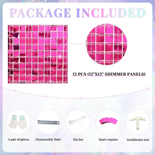 Miniatura 3 de Telón de fondo de pared brillante color rosa intenso, 12 piezas de lentejuelas cuadradas brillantes decoración de fondo de pared para fiesta