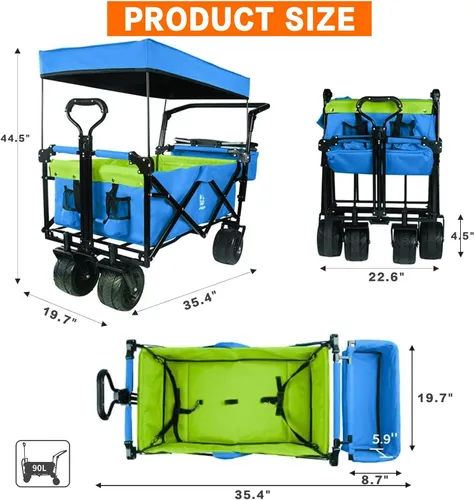 Miniatura 2 de Carro plegable con toldo extraíble y bolsa enfriadora, carrito plegable resistente con ruedas todo terreno de 4 pulgadas para campamento, playa