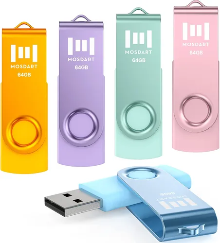 MOSDART Unidad flash USB 2.0 de 64 GB, con bucle para llavero, diseño giratorio con luz LED, memoria exFAT para computadoras, respaldo del sistema,