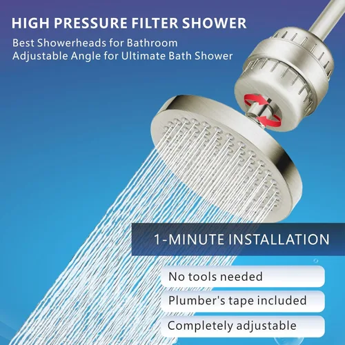 Miniatura 7 de Juego de cabezal de ducha filtrado de alta presión, filtro de ducha de lluvia de 6 pulgadas para agua dura, cabezal de ducha redondo universal de 20