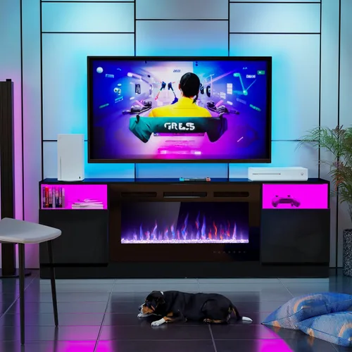 Spurgehom Soporte de TV con chimenea de 70 pulgadas para televisores de hasta 80 pulgadas con chimenea eléctrica de 36 pulgadas, consola de TV para