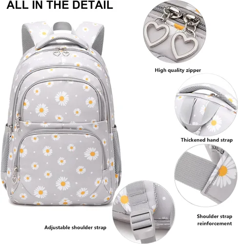 Miniatura 24 de goldwheat Mochilas impresas margaritas con paquete de almuerzo, estuche de lápices 3pcs, bolsa ligera resistente al agua para la escuela secundaria