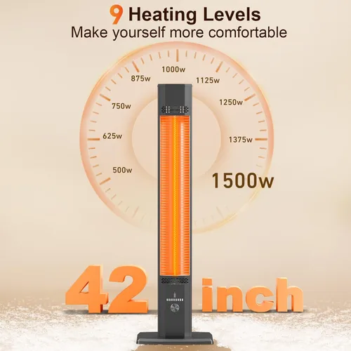 Miniatura 3 de Calentador para exteriores, 44 pulgadas, calefacción infrarroja de 1500 W con 9 niveles de calor para dormitorio