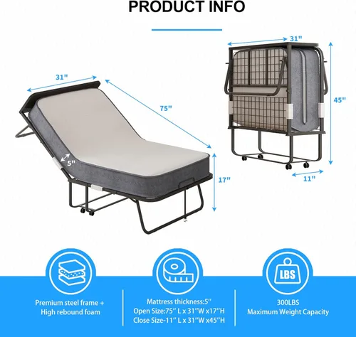 Miniatura 2 de PUREMIND Cama plegable con colchón de 5 pulgadas para adultos, cama plegable de 75 x 38 pulgadas con bolsa a prueba de polvo y marco de metal, camas