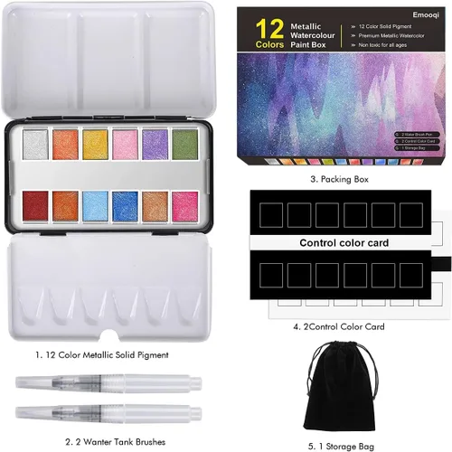 Miniatura 9 de Emooqi Juego de pinturas de acuarela, pintura sólida de acuarela con purpurina metálica, incluye 12 colores metálicos con purpurina, 2 pinceles