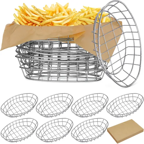 Miniatura 10 de Hushee 12 cestas de pan de alambre a granel de 9.5 x 6.2 x 2.2 pulgadas, cestas ovaladas de metal para mesa servir fruteros con 50 forros de papel a