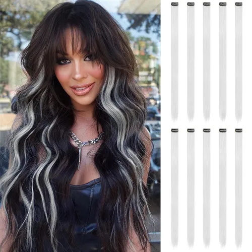 Miniatura 30 de FESHFEN Extensiones de cabello con clip de colores, 16 piezas de 8 colores resaltados, piezas de cabello sintético lacio con clip para mujer, 22