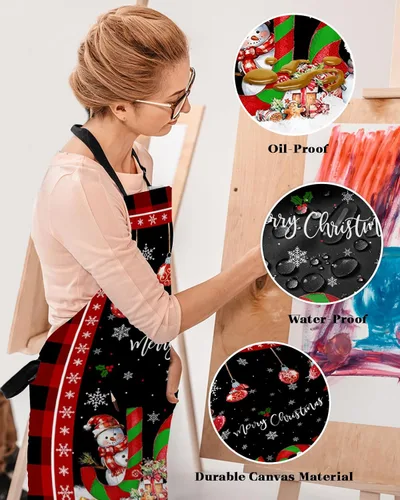 Miniatura 4 de Christmas Bib Aprons with Pockets Waterproof, Adjustable Apron for Men Women Joy Xmas Tree Snowman Winter Snowflake Red Black Plaid