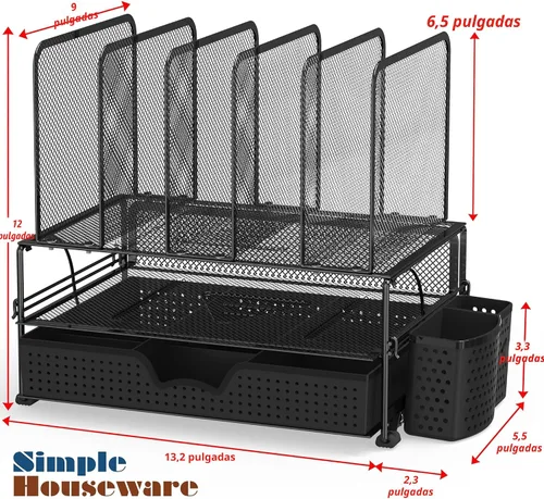 Miniatura 2 de Organizador de escritorio SimpleHouseware de malla con cajón deslizante, doble bandeja y 5 secciones verticales, color negro