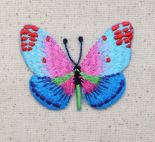 Miniatura 2 de Mariposa - Parche bordado para planchar en azul/rosa con puntos rojos