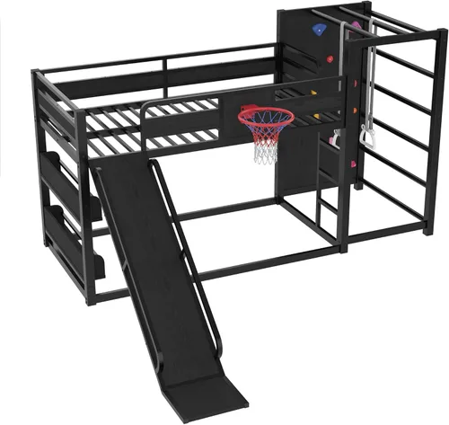 Miniatura 9 de Bellemave Litera de tamaño individual con aro de baloncesto, anillos de dominadas y pared de escalada, litera individual con tobogán y estantería