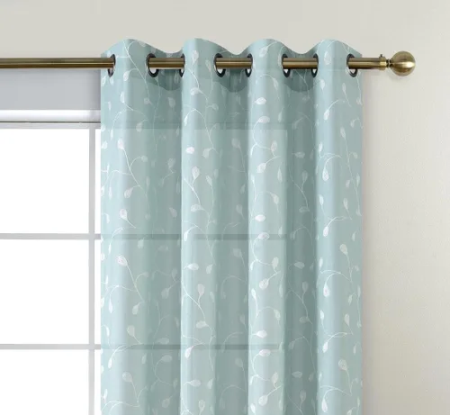 Miniatura 3 de Miuco - Cortinas con ojales de lino sintético, semitransparentes, bordadas con flores, para sala de estar Verde sutil