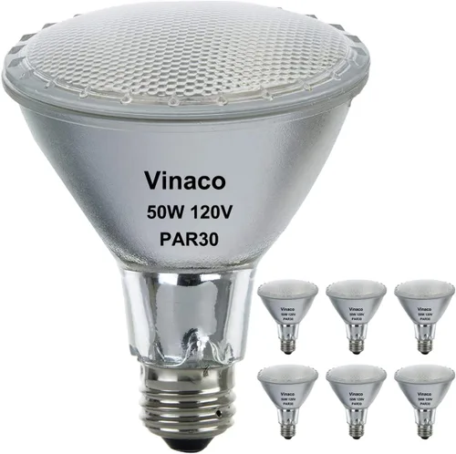 Vinaco Luz de inundación PAR30 de 50 W, paquete de 6 unidades de alto brillo 650LM PAR30 halógeno de cuello largo regulable, inundación PAR30L de 50