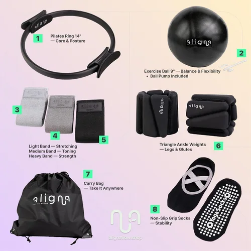 Miniatura 2 de Kit Esencial de Pilates Aligna Set Completo para el Hogar para Equilibrio, Flexibilidad y Fuerza Set de 8 Piezas con Anillo de Pilates