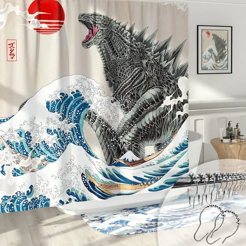 Juego de cortinas de ducha divertidas, divertidas cortinas de ducha de monstruo de anime para baño, decoración de baño asiática, japonesa, tela de