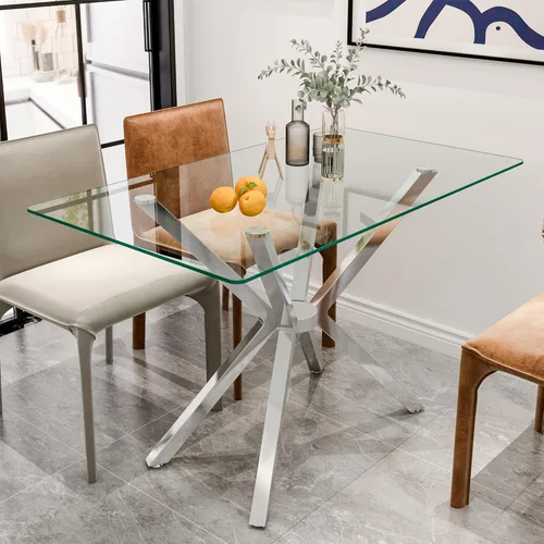 Miniatura 12 de Mesa de comedor rectangular de 51.18" de vidrio templado, mesa de cocina con patas de metal, elegante y robusta mesa de cena para el hogar y la cena