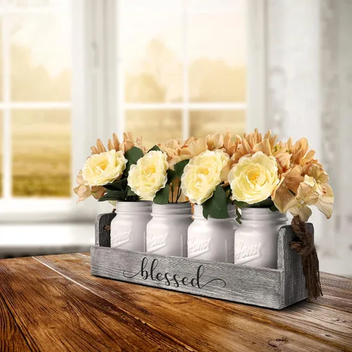 Miniatura 11 de Centro de mesa con jarros masón de estilo rústico rural, decoración de mesa para el hogar